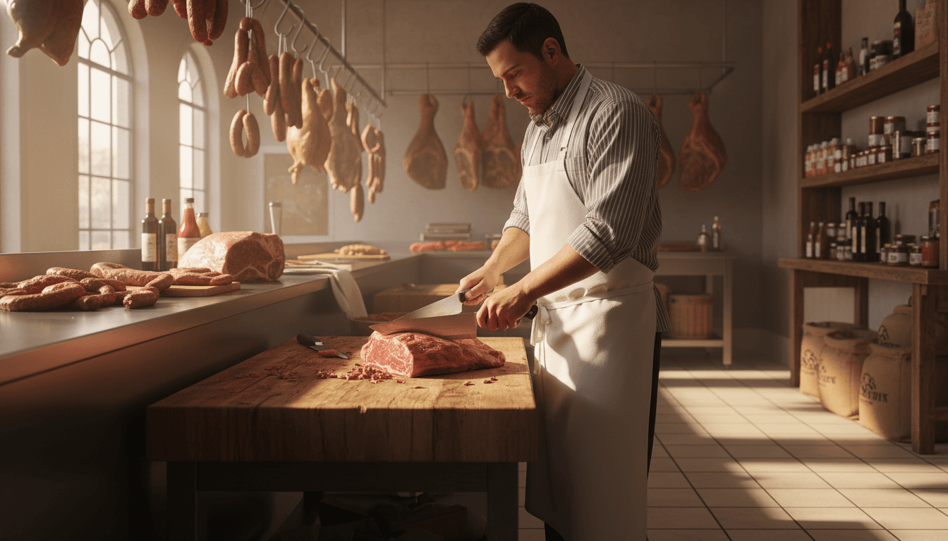Carnicero experto cortando carne premium en Encinas Meat